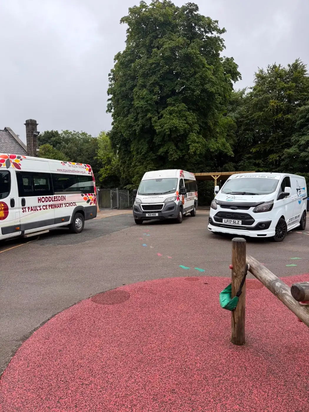 The JT Cleaning van parked with school minibuses at a primary school in Hoddlesden, there to wash the fleet